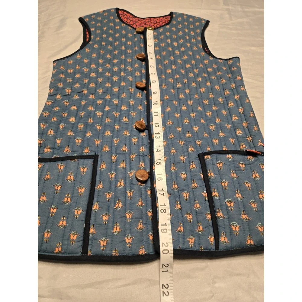 Ratan Jaipur Handmade Reversible Quilted Vest Cotton 11Y Blue Coral India Pocket